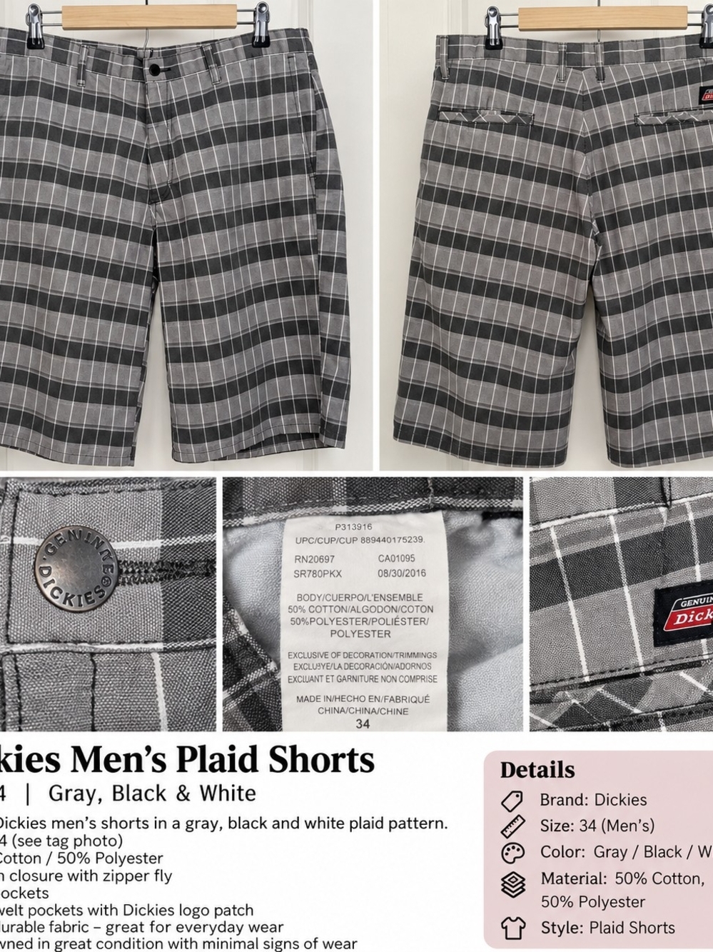 Dickies Men’s Size 34 Gray Black Plaid Casual Shorts